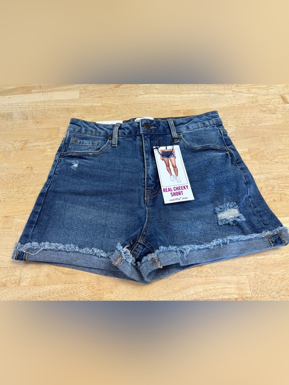 Vanilla Star Distressed Dark Blue Denim Shorts